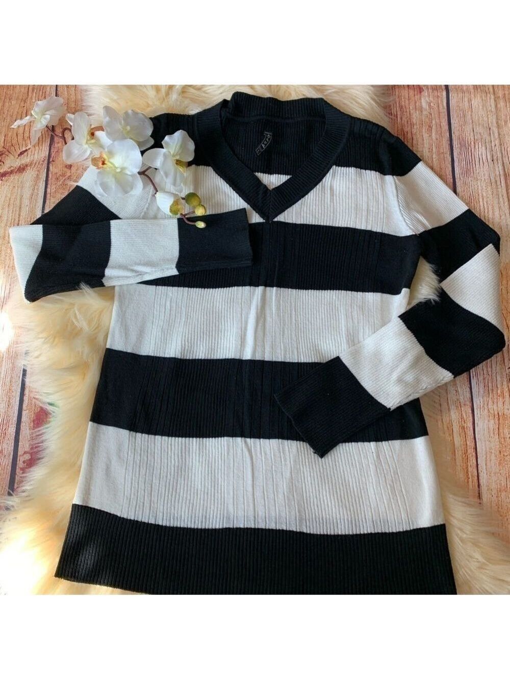 Black and White V-Neck Sweater